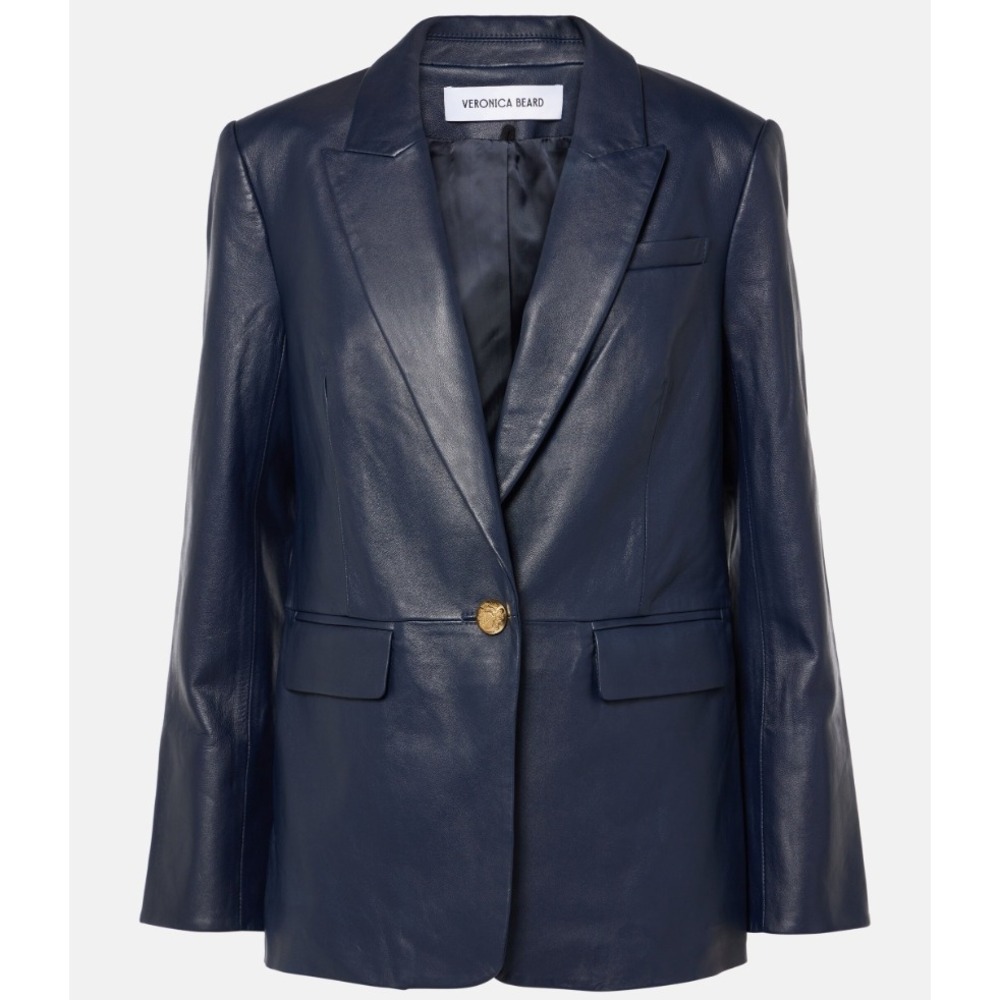 Veronica Beard Vega Leather Blazer Navy Blue Lamb Leather Blazer Gold Buttons 2